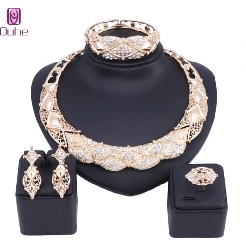 OUHE Crystal Necklace Earrings Bracelet Ring Gold Color Jewelry Set for Women Elegant Party Gift Fashion Costume Accessories