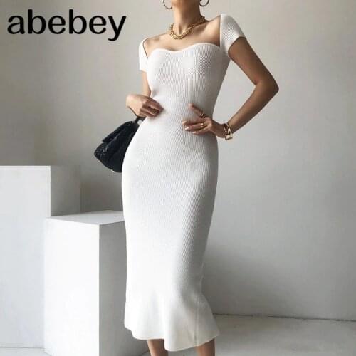 High Waist Hip Bodycon Temperament Dress Women Square Collar Short Sleeve White Vestidos Summer 2021 New Robe Split