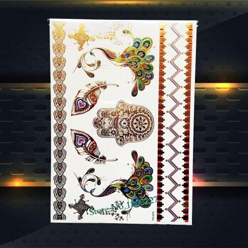 1PC Flash Metallic Tattoo Gold Peacock Feather Hamsa Hand Design Waterproof Henna Tattoo Body Art Temporary Tattoo Sticker PYH74