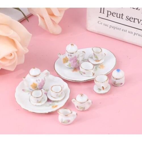 8PCS 1/12 Miniature Dollhouse pink Flower Patten Porcelain Coffee Tea Cups Ceramic Tableware Dollhouse Kitchen Accessories