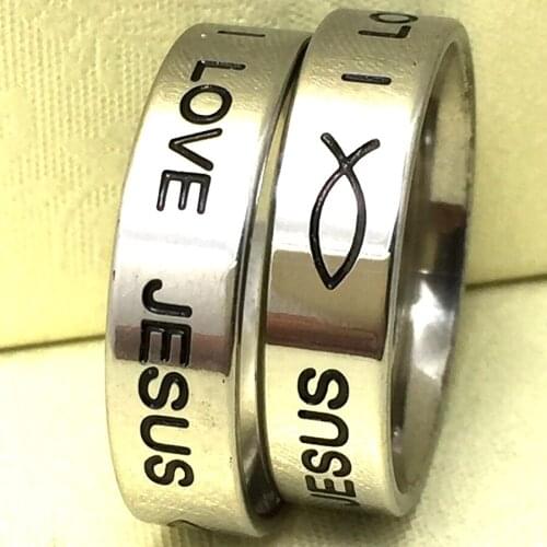 Bulk lot 50PCS Unisex Silver I LOVE JESUS rings Mens Womens Comfort-fit Black Enamel Stainless Steel Religious Rings