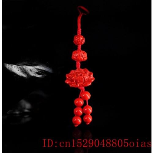 Cinnabar Lotus Key chain Gifts Carved Chinese Fashion Organic Amulet Red Charm Natural Bag Buckle Pendant Jewellery