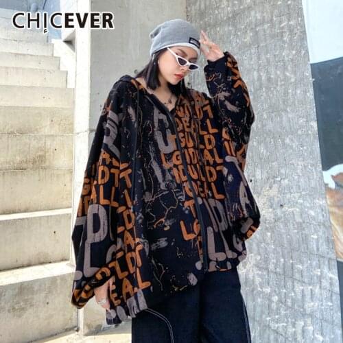 CHICEVER Letter Print Hooded Jacket For Women V Neck Long Sleeve Hit Color Lace Up Oversized Streetwear Jackets Female 2020 Tide