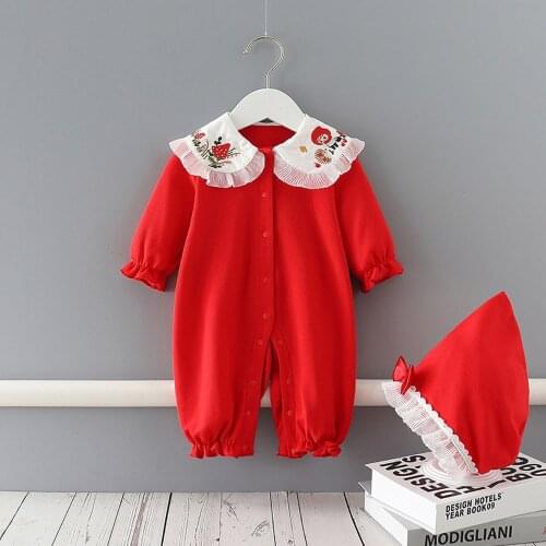 Baby Romper Spring and Autumn New Strawberry Embroidered Long Sleeve Clothes Newborn Cotton Red Rompers + Hat