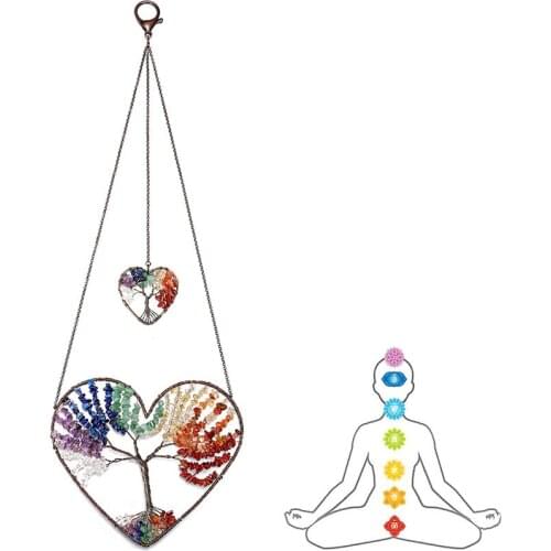 Double Heart Tree of Life Hanging Ornament 7 Chakra Reiki Healing Crystals Stones Gemstone Meditation Window Wall Hanger Decor