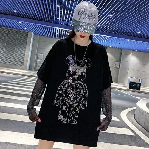 100% Cotton T Shirt Girl Long Sleeve Diamond Print Shirt Funny Japan Oversize Harajuku Tops White Summer High Street T Shirt Boy