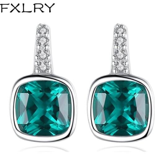 FXLRY Elegant Micro-inlaid Zircon Square Green CZ Stud Earrings for Women Jewelry