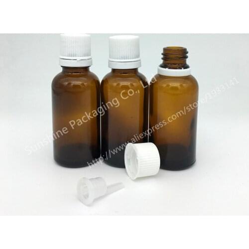 Hot sale 10X30ml amber glass bottle with reducer, high quality white screw on cap essential oil bottle , packaging bottle