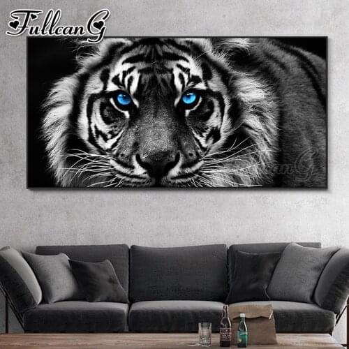 FULLCANG Black and white blue eyed tiger large diamond painting 5d diy full square round drill mosaic embroidery animals FC3549