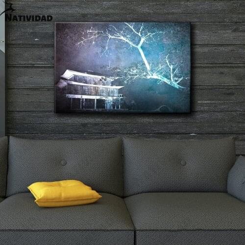 Chinese Architecture Canvas Painting Wall Art Decoration Large Night View Branch Poster Oil Painting Living Room Room Home Decor