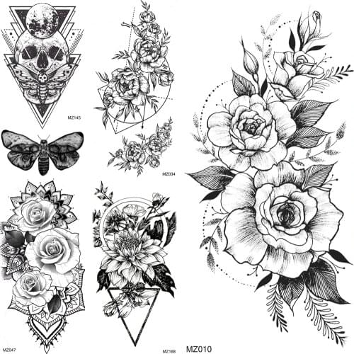 Creative Flower Temporary Tattoos Fake Jewelry Geometric Rose Tatoo Sticker Waterproof Death Skull Tatoo For Women Men Body Art