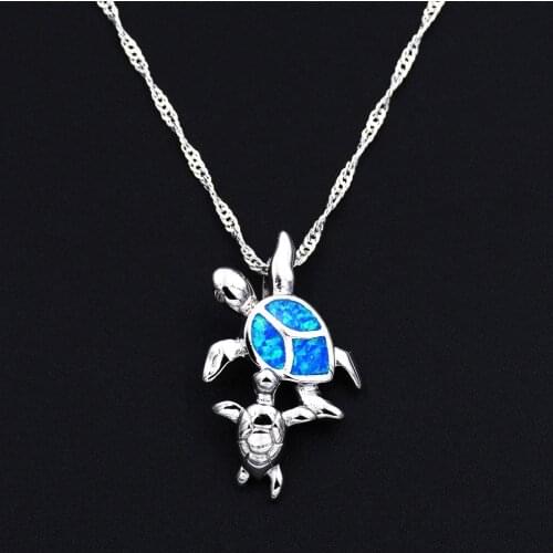 Ocean Blue Fire Opal Pendant Necklace Sea Turtle Mom and Baby