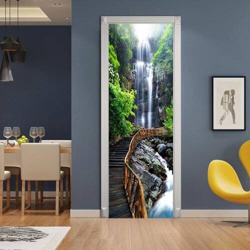 3d wallpaper door decoration furniture Modern3D abstract waterfall wooden bridge door paste living room home decoration stickers