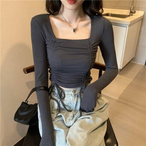 2021 autumn and winter new fashion slim slimming hedging square neck drawstring short bottoming shirt blouse women