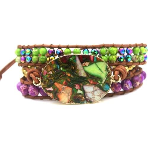 New Design Bohemia Jewelry Women Boho Wrap Bracelet Mixed Gilded Stone Leather Beaded Bracelet Handmade