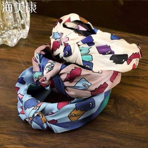 Haimeikang New Fashion Abstract Print Wide Side Headband Bow Knotted Cloth Hair Hoop Hair Band For Women Bezel Hair Accessories