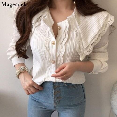 Autumn Elegant Lace Womens Shirt Vintage Hollow Out 2021 Doll Collar Blouse Women Puff Sleeve Solid Female Shirt Blusas 15850