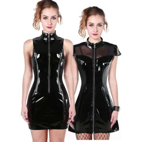 Sexy Women Gothic Zipper Wetlook PVC Night Club Dress Erotic Fetish Catsuit Faux Leather Clubwear