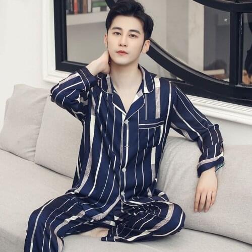 Mens Rayon Silk Pajamas Set Sexy Sleepwear Pajama Set Top Full/Short Sleeve Shirt Pant Big 2Piece/Suit Men Homewear