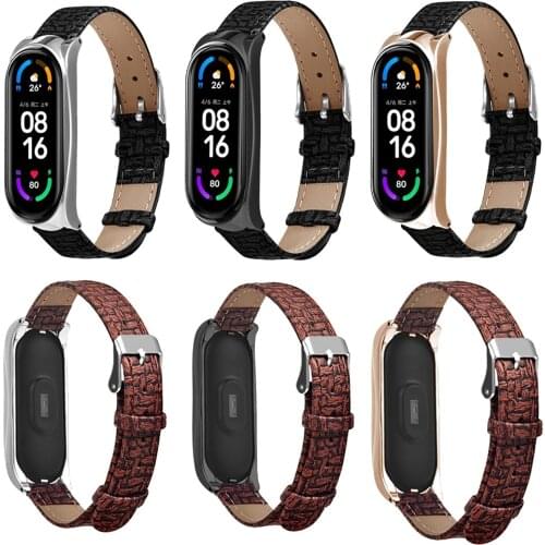 Retro Leather Watch Band For Mi Band 6 Replacement Wristband With Woven Pattern Buckle Adjustable Bracelet Waistband For Xiaomi