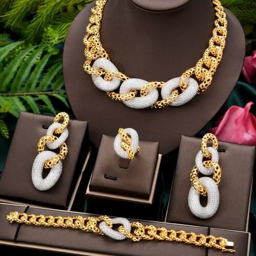 Luxury Hip hop Bridal Necklace Bracelet Earrings Ring Jewelry set For Ladies Women Wedding African CZ Dubai Accessories