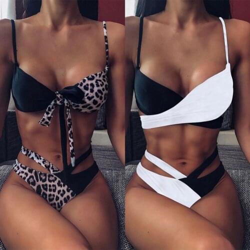 Sexy Biquini Leopard Print Padded Two Pieces Cross Band High Waist Swimsuit Bikini Set Summer Bathing Suit Wear Plus Size Swim