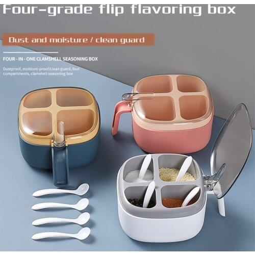 Seasoning Container Kitchen Spice Jar With Spoon and Lid Salt Pepper Spices Box Four-compartment Kitchen Organizer Canister Set