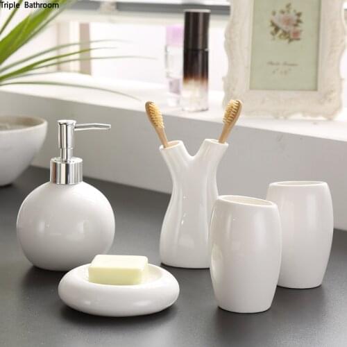 Modern Wash Five Piece Set Ceramic Soap Rack Toothbrush Holder Mouth Cup Liquid Soap Bottle Container Bathroom Accessories Set