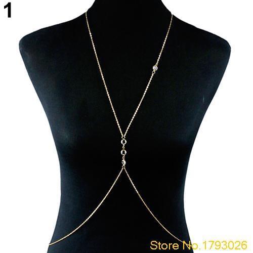 Women Bikini Body Jewelry Crystal Cross Body Link Crossover Necklace Belly Waist Slave Chain 4TNK
