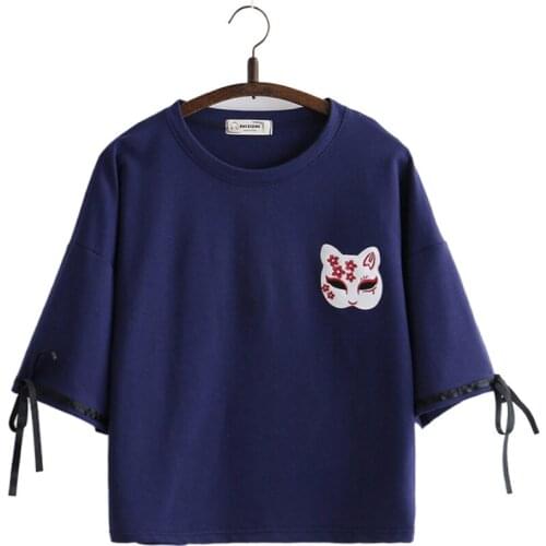 Womens Cartoon Cat Embroidery T Shirts Lace Up Cotton T Shirt 2020 Spring Sweet Style Girl Short Sleeve Harajuku Cute Tops Tees