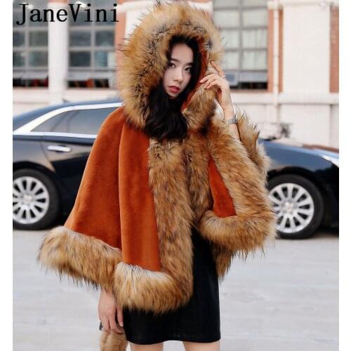 JaneVini Winter Faux Fur Woman Bolero with Hood Burgundy Black Hooded White Wedding Bolero Fur Hat Bridal Wraps Cloak Shrug Cape