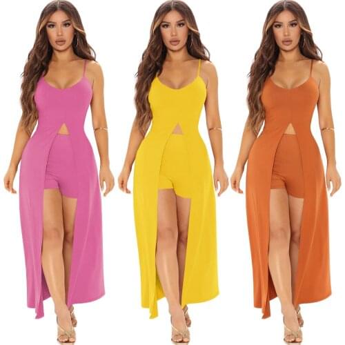 Echoine Summer Beach Party Solid Sexy Deep V-neck Suspender Sleeveless Slit Long Dress With Shorts Belt Trouser Skirt Outfits