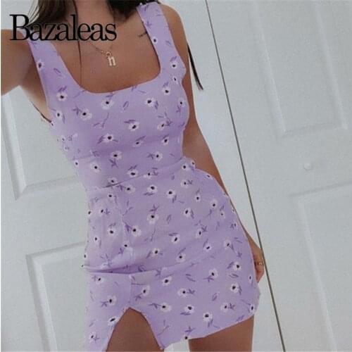 Bazaleas Fashion Split Party Dresses Vestidos Sexy Tank women Mini Dress Slim Purple Floral Print women Dresses