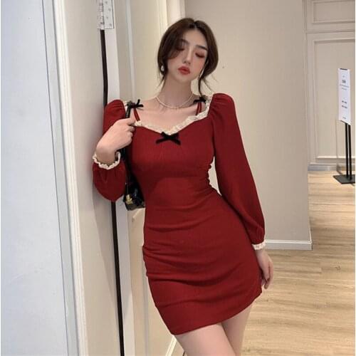 Gothic Women Mini Knit Dress 2020 Spring Autumn Knitted Bodycon Dress Female Sexy Square Collar Lace Spliced Vintage Dresses