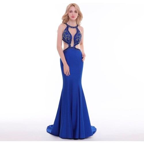 Lemon joyce Mermaid Evening Dresses Long 2020 Luxury Crystal Beaded Floor Length Backless Satin Party Dress Prom Dresses Gowns