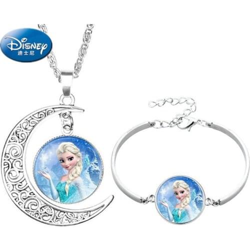 2PCS/Lot Disney cartoon Frozen children necklace+Bracelet Elsa Mermaid princess doll accessories girl birthday gift Children toy