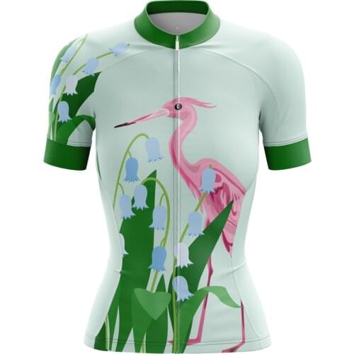 2021 Summer Women Slim and Elegant Shortshirt Pink Heron Pattern Cycling Jersey Breathable Bike Clothing Top