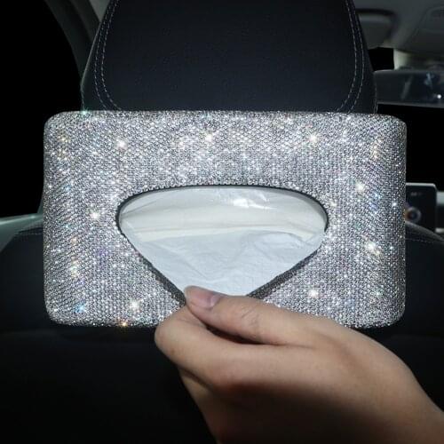 Car Interior Accessories Sparkly Car Tissue Box with White Crystals Headrest Seat Back Hanging Tissue Box Great Gift for Women