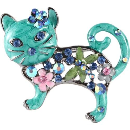 2021 New Lovely Enamel Cat Brooches Women Metal Rhinestone Flower Animal Casual Brooch Pins Gifts