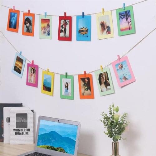 DIY Color Paper Photo Frame Set Multiple Picture Frame Mini Wooden Clips String Hanging Cardboard For Home Wall Decor Christmas