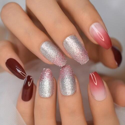 Glossy Red French Coffin False Nail Ombre Gradient Silver Glitter Ballet Press on Fake Nails Tip Daily Office Fingernail Wear