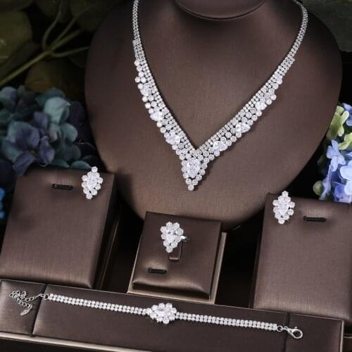 Janekelly 4pcs Bridal Zirconia Full Jewelry Sets For Women Party, Luxury Dubai Nigeria CZ Crystal Wedding Jewelry Sets