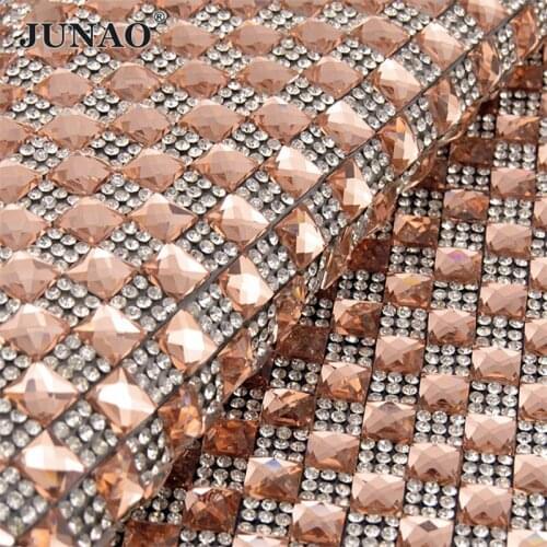 JUNAO 24*40cm Square Glass Rhinestone Mesh Trim Hotfix Glass Diamond Fabric Crystal Applique for Dress Shoes Decoration