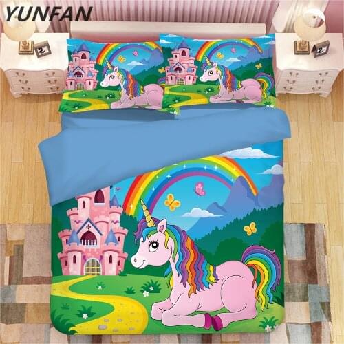 Cute Unicorn Kids Bedding Set Rainbow Hair Duvet Cover Colorful Pink Blue Girly Bedspreads Cartoon Bed Set 3pcs queen bedclothes