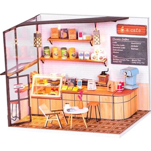 Dollhouse Miniature with Furniture Ornaments, DIY Wooden Cafe Doll House Kit , 1:24 Scale Coffee Shop Mini House