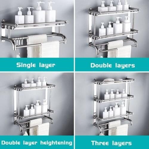 4Types 3 Layers Stainless Steel Bathroom Shampoo Shelf Wall Mounted Makeup Storage Holder Toilet Organizer Towel Rack With Hooks