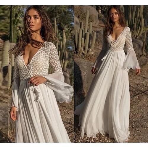 2021 New Lace Chiffon V-neck Boho Cheap Wedding Dresses Summer Beach Bridal Gown Bohemian Wedding Gowns robe de mariage