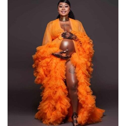 Orange Puffy Maternity Dress for Photo Shoot Props Luxury Ruffles Maternity Photography Gown Costume Prom Dresses Bathrobe