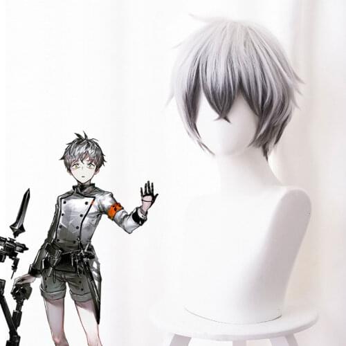 Tomorrows Ark Villain Boss Mephistopheles Silver Gray Gradient Mixed Black Gray Cos Wig Anime Fluffy Game Short Hair Wig 35CM