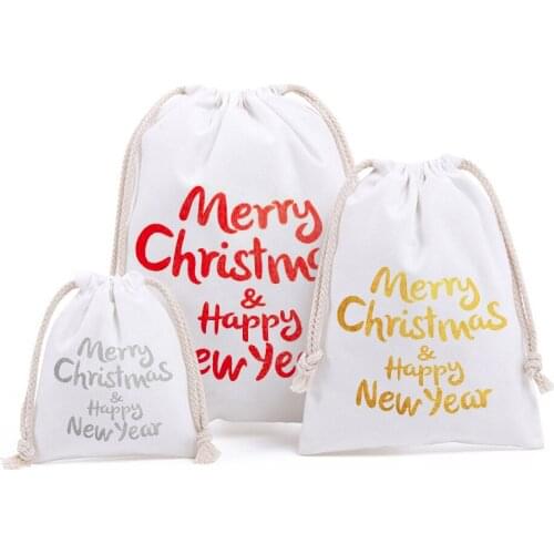 Merry Christmas and Happy New Year Gold Printing Christmas Gift Bags Canvas Personalized Kids Present Bag Christmas Tree Decors